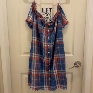Hummingbird Off Shoulder Dress Plaid Fringe Large